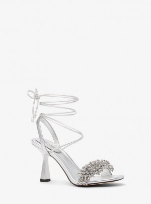 Michael Kors Lucia Embellished Metallic Leather Sandal Sandalet Kadın Gümüş | 053762-JNV