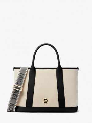 Michael Kors Luisa Medium Cotton Canvas Satchel Satchel Çanta Kadın Bej Rengi Siyah | 106538-JOC