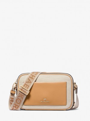 Michael Kors Maeve Large Canvas and Smooth Crossbody Bag Çapraz Çanta Kadın Pale Peanut | 167450-PEQ