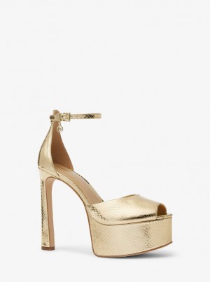 Michael Kors Martina Metallic Snake Embossed Leather Peep-Toe Platform Pump Sandalet Kadın Altın | 943276-PGK