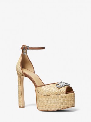 Michael Kors Martina Straw Peep-Toe Platform Pump Stiletto Kadın Bej Rengi | 140926-OCY