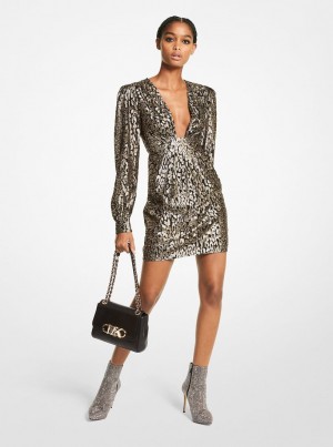 Michael Kors Metallic Leopard Clip Jacquard Dress Elbise Kadın Siyah Altın | 384597-UJK