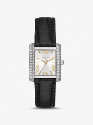 Michael Kors Mini Emery Pave Silver-Tone and Crocodile Embossed Leather Watch Silver-tone Kadın Siyah | 319864-GHR