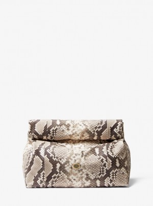 Michael Kors Monogramme Python Embossed Lunch Bag Clutch Debriyaj Çanta Kadın Bej Rengi | 425376-EQV