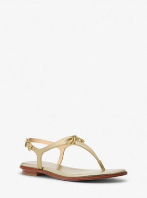 Michael Kors Nori Metallic Leather T-Strap Sandal Sandalet Kadın Altın | 791452-BMI