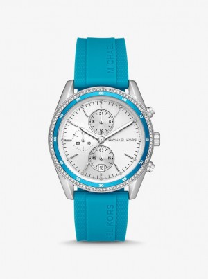 Michael Kors Oversized Hadyn Pave Silver-Tone Watch Silver-tone Kadın Mavi | 860125-BQY