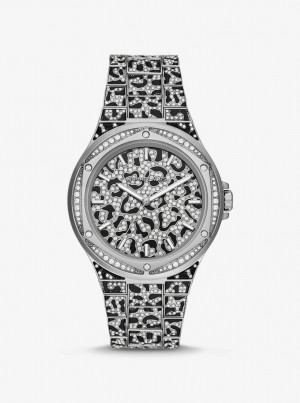 Michael Kors Oversized Lennox Animal Pave Silver-Tone Watch Silver-tone Kadın Gümüş | 728540-QIC