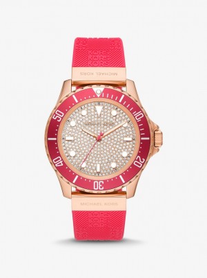 Michael Kors Oversized Slim Everest Pave Rose-Gold Tone and Embossed Silicone Watch Silicone Kadın Pembe | 961205-JUQ