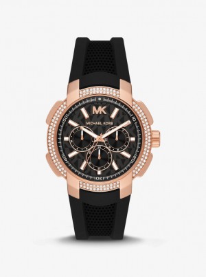 Michael Kors Oversized Sydney Pave Rose Gold-Tone and Silicone Watch Gold-tone Kadın Siyah | 417569-FJM