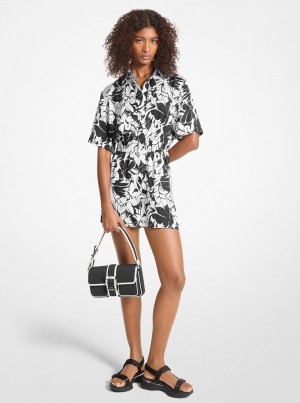 Michael Kors Palm Print Satin Romper Elbise Kadın Siyah Beyaz | 764152-XMJ