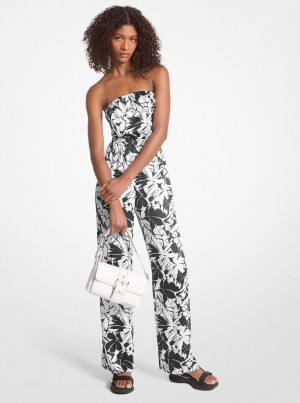 Michael Kors Palm Print Satin Tie-Back Jumpsuit Elbise Kadın Siyah Beyaz | 654321-JIV