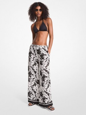 Michael Kors Palm Print Woven Wide-Leg Pants Mayo Kadın Siyah Beyaz | 932857-OXE