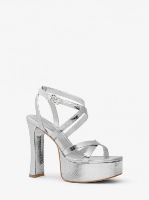 Michael Kors Paola Metallic Snake Embossed Leather Platform Sandal Sandalet Kadın Gümüş | 302568-QUW