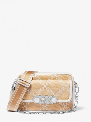 Michael Kors Parker Medium Empire Logo Jacquard Straw Crossbody Bag Çapraz Çanta Kadın Nat/Opticwht | 987543-LGX