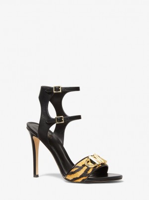 Michael Kors Parker Tiger Print Calf Hair and Leather Sandal Sandalet Kadın Marigold | 543982-VYS