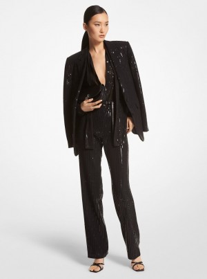 Michael Kors Pinstripe Sequined Crepe Boyfriend Blazer Mont Kadın Siyah | 046953-PRY