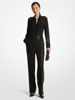 Michael Kors Pinstripe Sequined Georgette Jumpsuit Elbise Kadın Siyah | 647302-LBI