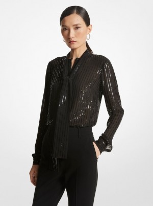 Michael Kors Pinstripe Sequined Georgette Tie-Neck Blouse Üstler Kadın Siyah | 547896-ONH