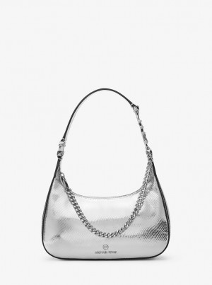 Michael Kors Piper Small Metallic Snake Embossed Leather Shoulder Bag Omuz Çantası Kadın Gümüş | 259473-IFX