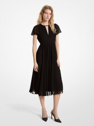 Michael Kors Pleated Georgette Midi Dress Elbise Kadın Siyah | 673508-JKC