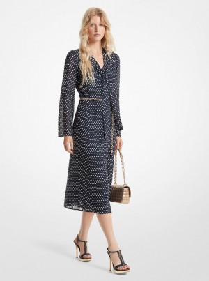 Michael Kors Polka Dot Georgette Tie-Neck Midi Dress Elbise Kadın Midnightblue | 952473-NBL