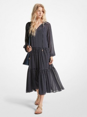 Michael Kors Polka Dot Georgette Tiered Midi Dress Elbise Kadın Midnightblue | 347608-MZF