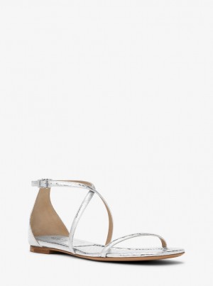 Michael Kors Polly Metallic Python Embossed Leather Sandal Sandalet Kadın Gümüş | 954068-BFU