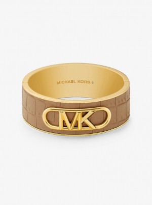 Michael Kors Precious Metal-Plated Brass and Crocodile Embossed Empire Logo Bangle Bilezik Kadın Bej Rengi | 630571-AJH