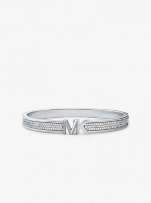 Michael Kors Precious Metal-Plated Brass Pave Logo Bangle Bilezik Kadın Gümüş | 125708-MVE