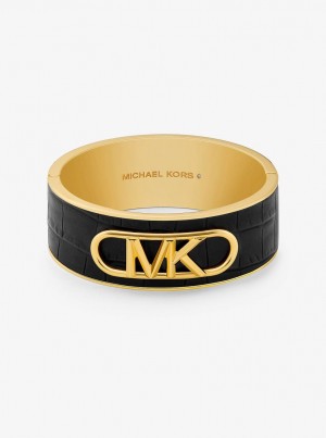 Michael Kors Precious Metal-Plated Brass and Crocodile Embossed Empire Logo Bangle Bilezik Kadın Siyah | 029168-ACU