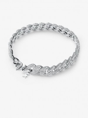 Michael Kors Precious Metal-Plated Sterling Silver Pave Curb Link Bracelet Bilezik Kadın Gümüş | 725416-XPU