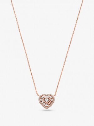 Michael Kors Precious Metal-Plated Sterling Silver Pave Heart Necklace Kolye Kadın Pembe Altın | 512693-YEZ