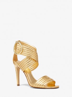 Michael Kors Remi Metallic Snake Embossed Leather Sandal Sandalet Kadın Altın | 569274-UPL