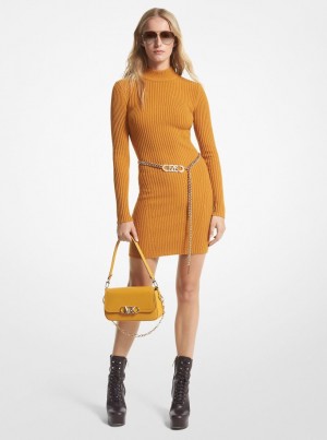 Michael Kors Ribbed Merino Wool Blend Dress Elbise Kadın Marigold | 146952-JVM