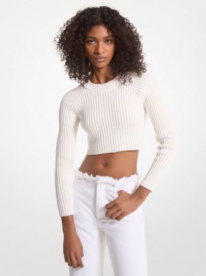 Michael Kors Ribbed Organic Cotton Cropped Sweater Kazak Kadın Beyaz | 180627-JYM