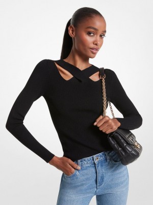 Michael Kors Ribbed Stretch Knit Cutout Sweater Kazak Kadın Siyah | 425608-KDA