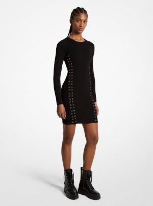 Michael Kors Ribbed Stretch Knit Lace-Up Dress Elbise Kadın Siyah | 360741-PYE