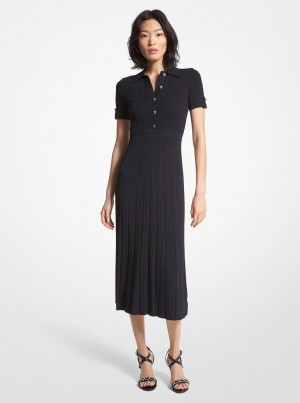 Michael Kors Ribbed Stretch Knit Polo Dress Elbise Kadın Siyah | 653827-TRY