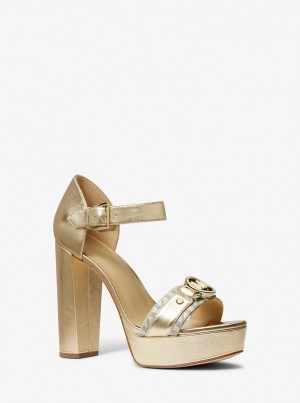 Michael Kors Rory Metallic Leather and Signature Logo Platform Sandal Sandalet Kadın Altın | 472630-CKF