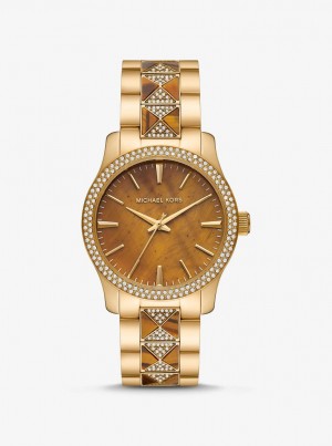 Michael Kors Runway Pave Gold-Tone and Tiger's Eye Watch Gold-tone Kadın Altın | 193768-MHY