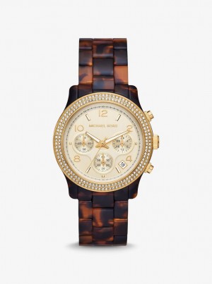 Michael Kors Runway Pave Gold-Tone and Tortoiseshell Acetate Watch Gold-tone Kadın Tortoise | 458619-BXG