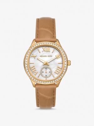 Michael Kors Sage Pave Gold-Tone and Crocodile Embossed Leather Watch Gold-tone Kadın Peanut | 341962-VHJ