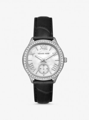 Michael Kors Sage Pave Silver-Tone and Crocodile Embossed Leather Watch Silver-tone Erkek Siyah | 732065-TGZ