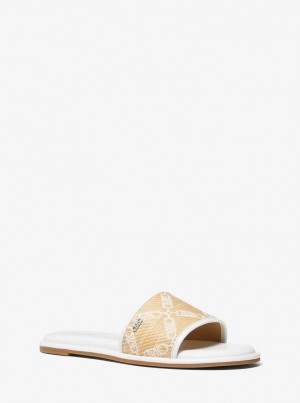 Michael Kors Saylor Empire Logo Jacquard Straw Slide Sandal Sandalet Kadın Nat/Opticwht | 608521-QNT