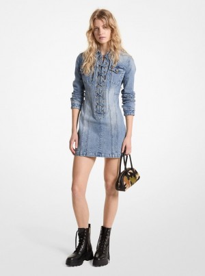 Michael Kors Stretch Denim Lace-Up Mini Dress Elbise Kadın Mavi Açık Mavi | 265487-XMY