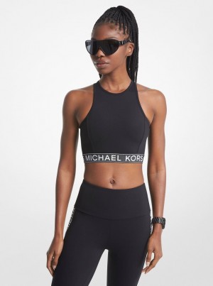 Michael Kors Stretch Nylon Logo Tape Racerback Sports Bra Tişört Kadın Siyah | 253796-KPV