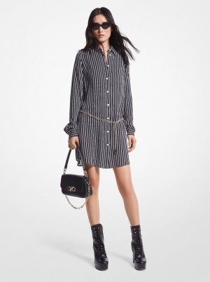 Michael Kors Striped Georgette Belted Shirtdress Elbise Kadın Siyah | 870436-ZRQ