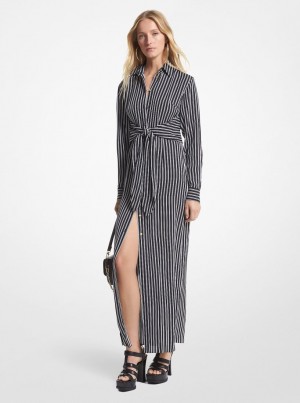 Michael Kors Striped Georgette Tie-Front Shirtdress Elbise Kadın Siyah | 218495-HCI