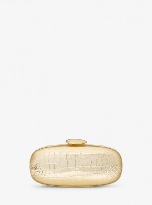 Michael Kors Tina Small Metallic Crocodile Embossed Leather Minaudiere Debriyaj Çanta Kadın Altın | 706952-BMY