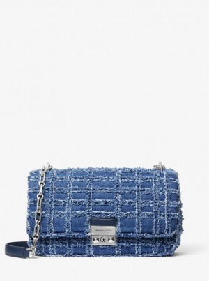 Michael Kors Tribeca Large Frayed Denim Shoulder Bag Omuz Çantası Kadın Mavi | 764952-NRF